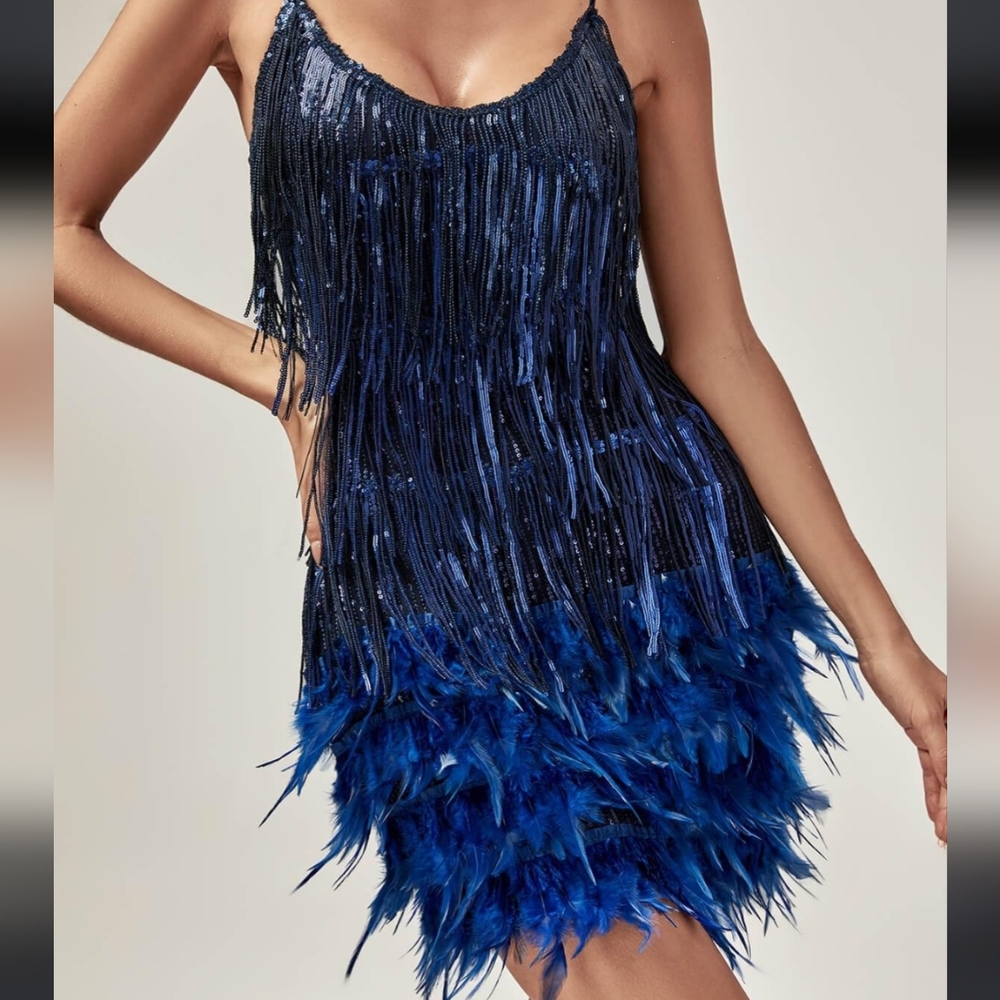Austyn Tassel Feather Mini Dress In Royal Blue